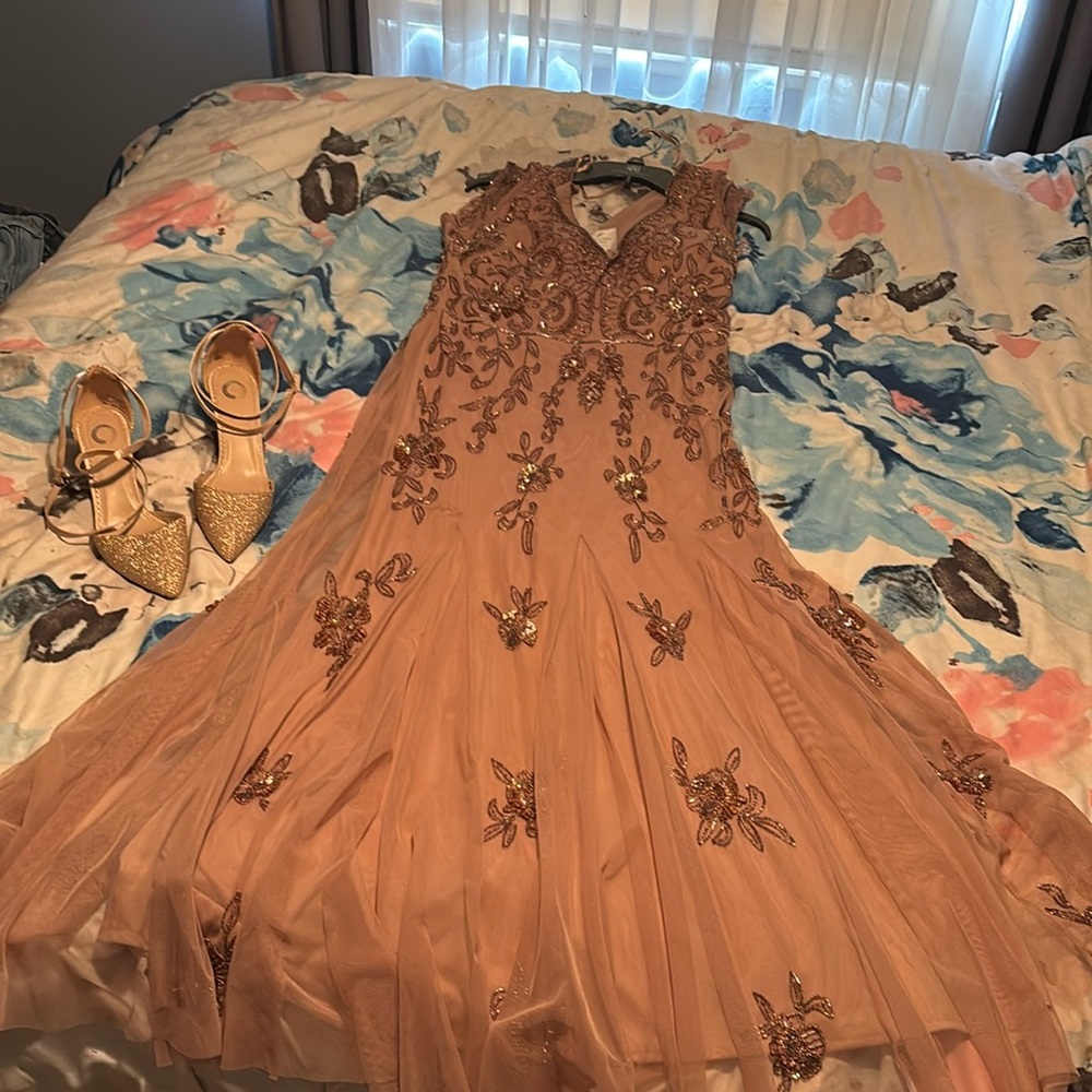 Mother of brides Beautiful dress by Adrianna Pappell cooper pink shoes to match.